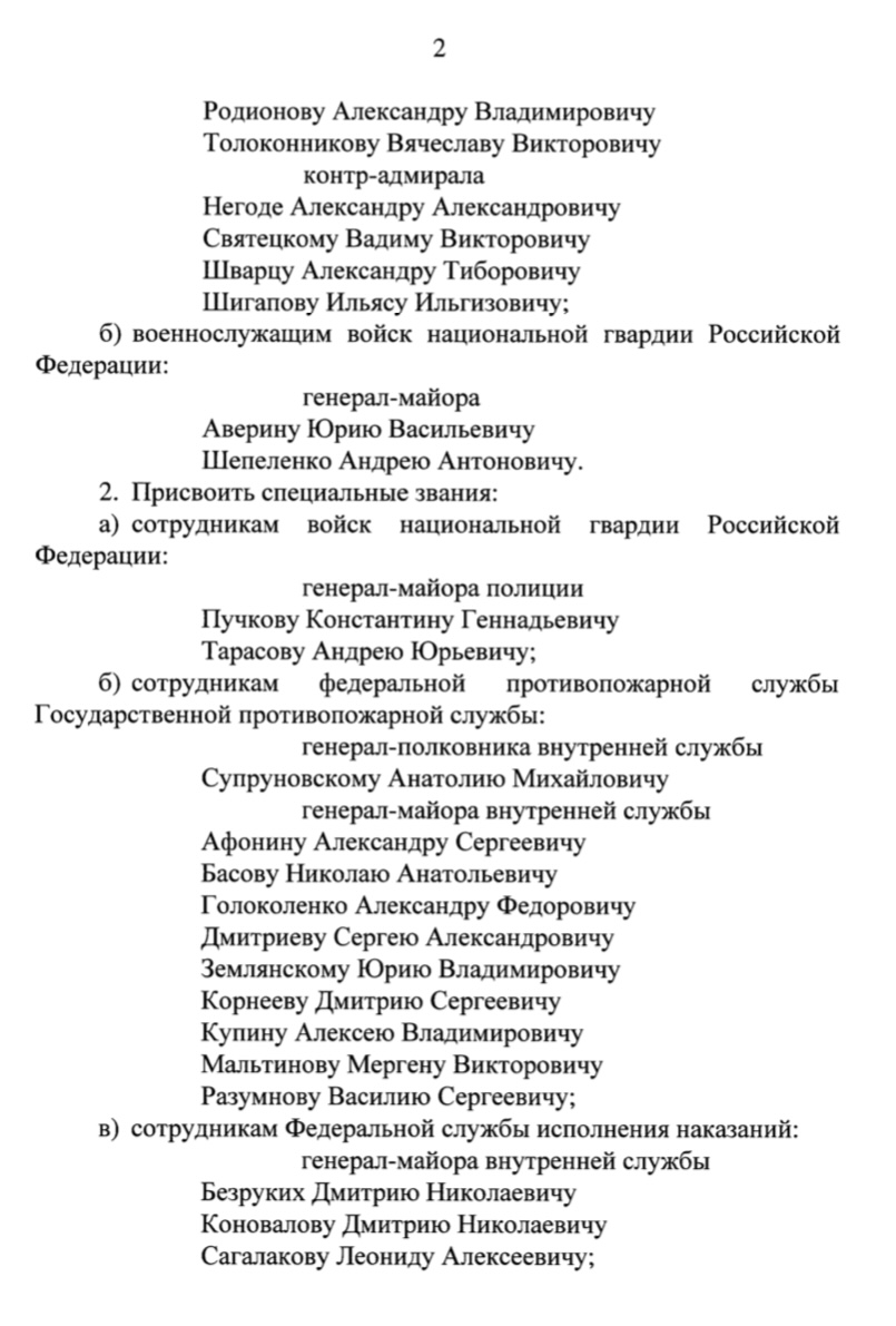 Указ о присвоении генеральских званий июнь 2024